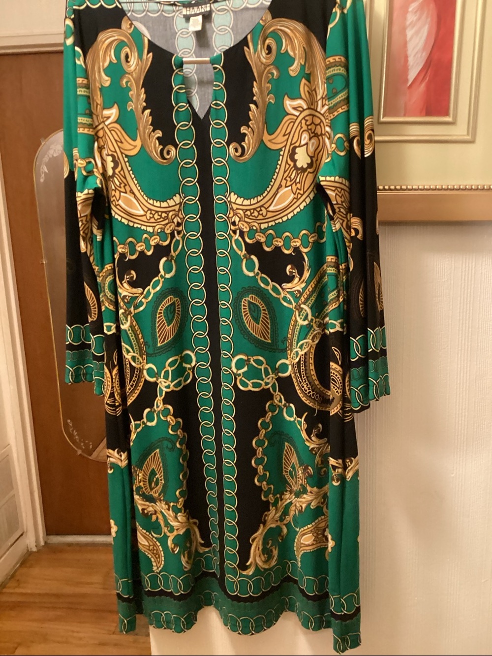Haani Green, Black & Gold Chain-Print Long Sleeve Dress SZ XL $15.
